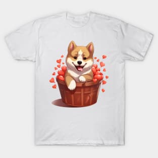 Cartoon Akita Dog in Hearts Basket T-Shirt